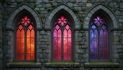 Obraz premium Three gothic stained glass windows with red, pink, and purple hues in a stone wall with mossy details and grey arches