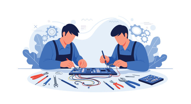 Two professional electronic technicians working together on a complex circuit board with soldering iron and various engineering tools.