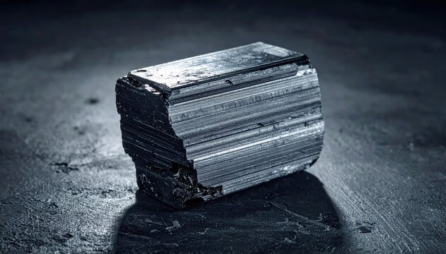 A solid block of pure graphite showing its layered crystalline structure and dull sheen on a dark textured surface