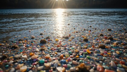 Obraz premium Microplastics and small pebbles scattered on a beach by the water with sunlight reflecting on the surface