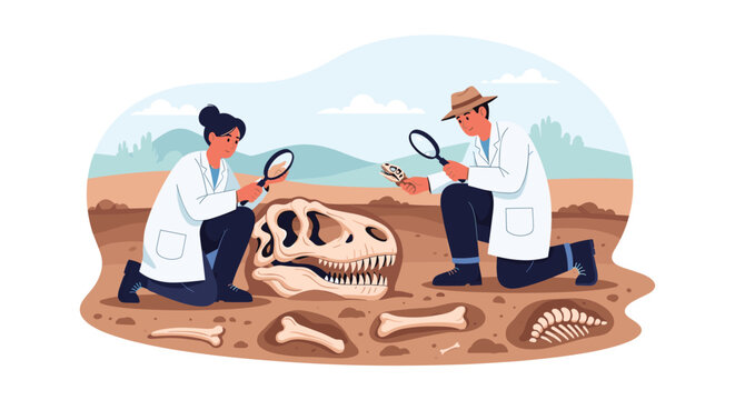 Professional paleontologists or archeologists carefully excavating and examining ancient dinosaur fossils in a desert landscape.