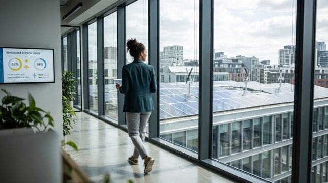 Businesswoman looking out window at solar panels on rooftop, renewable energy usage chart on screen, corporate sustainability, green power initiative, environmental responsibility