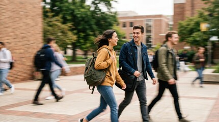 Obraz premium Diverse College Students Walking and Talking on University Campus Pathway