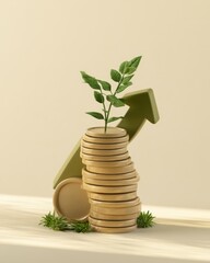 Obraz premium Glossy 3D coin stack with plant growth arrow