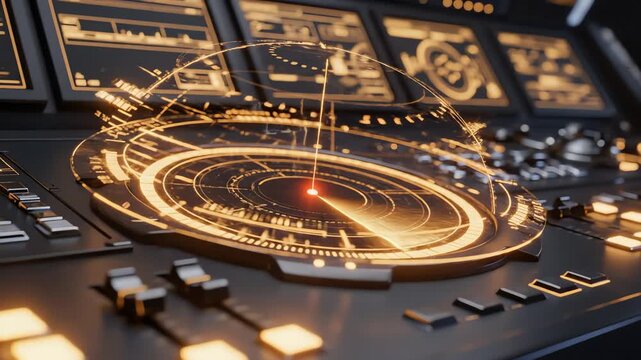 Futuristic control panel with glowing holographic radar interface