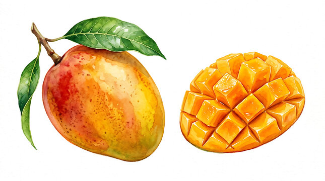 Vibrant Botanical Watercolor Painting Of A Ripe Sliced Yellow Mango Isolated On A White Background