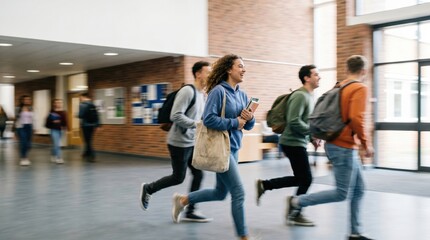 Fototapeta premium Group of Diverse Young Adult Students Running Through School Hallway Carrying Backpacks and Books
