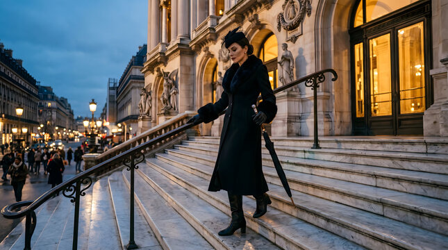 Elegant woman in vintage 1940s black fashion walking down the marble stairs of a grand opera house at dusk in Paris