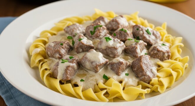 A comfort food dish of saut&eacute;ed pieces of beef in a sour cream gravy, often served over egg noodles.