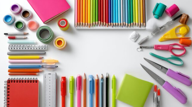 Neat school stationery collection arranged on white background with pencils, notebooks, rulers, erasers and educational supplies, organized classroom learning tools concept for back to school, study m