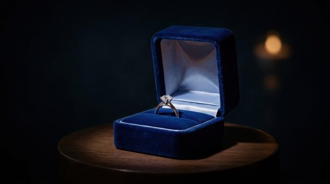 Elegant diamond engagement ring in blue velvet box, luxury jewelry gift for marriage proposal, sparkling solitaire ring on dark background