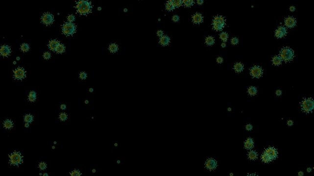 4K. Covid virus Animation slowly falling on a green screen. Covid virus fall on chroma key background.