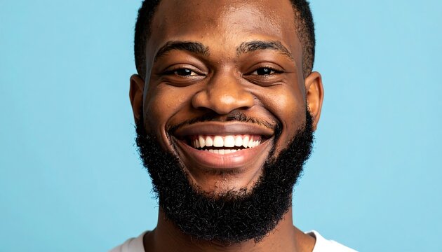 Close-up of a joyful, bearded man with a big, bright smile against a soft blue background
