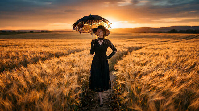Elegant woman in a vintage black lace dress and hat holding a gothic parasol while standing in a golden wheat field at sunset.