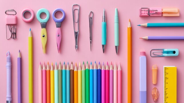 Colorful school supplies and stationery on pastel pink background, top view flat lay of notebooks, pencils, crayons, markers and learning essentials for back to school education, student study prepara