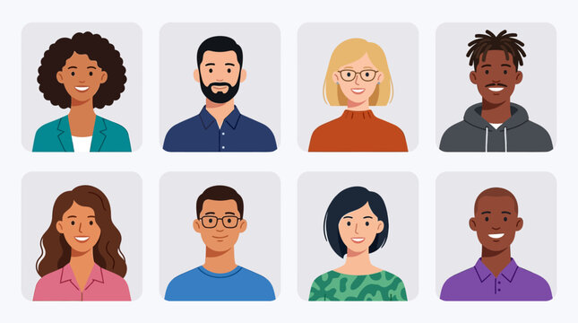 Diverse Avatar Collection of Eight Multicultural People Portraits in Flat Vector Style, Perfect for Business Teams, Social Media Profiles, and Community Inclusivity Graphics.