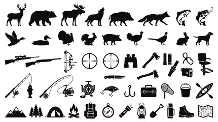 Fototapeta premium Comprehensive set of black silhouette icons for hunting, fishing, camping, and outdoor survival featuring wild animals, weapons, equipment, and nature elements isolated on a white background.