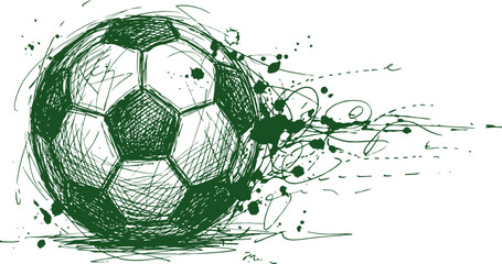 Obraz premium Hand-drawn soccer ball sketch with green ink splatters, artistic football vector illustration, dynamic sports ball graphic with motion lines