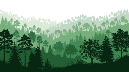 Serene landscape illustration featuring layered green forest silhouettes, coniferous and deciduous trees on rolling hills under a bright sky, perfect for eco-friendly design concepts. © Ayong