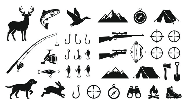 Comprehensive Set of Hunting and Fishing Silhouette Icons Featuring Deer, Fish, Camping Gear, Rifles, and Outdoor Equipment for Adventure Designs and Logos