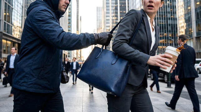 A hooded thief stealing a blue leather handbag from a shocked business woman on a busy city sidewalk during a morning commute.