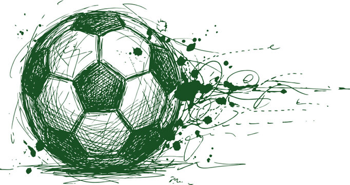Hand-drawn soccer ball sketch with green ink splatters, artistic football vector illustration, dynamic sports ball graphic with motion lines