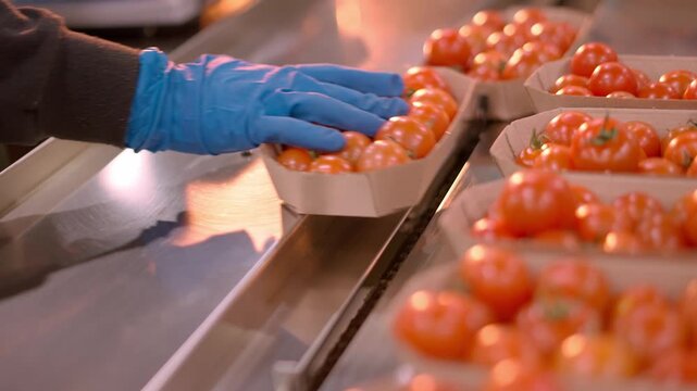 Agro-food production of greenhouse tomatoes. Conveyor packaging equipment of vegetables in boxes. Factory industrial facility. Farmer workers packing ripe red tomatoes. Farming industry.