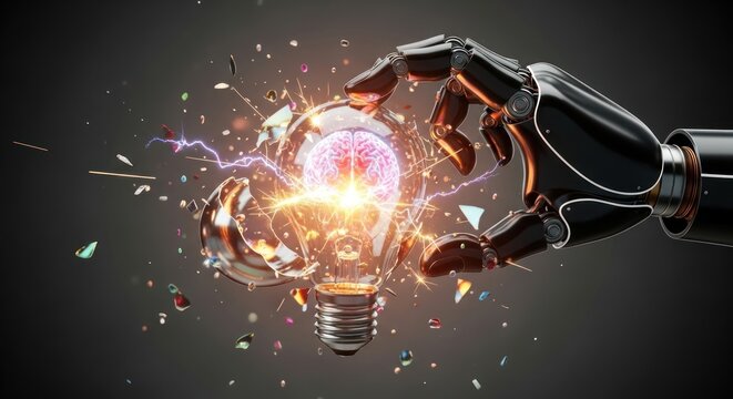 Robotic Hand Illuminates Brain Inside Exploding Lightbulb, Sparks, Innovation Concept.