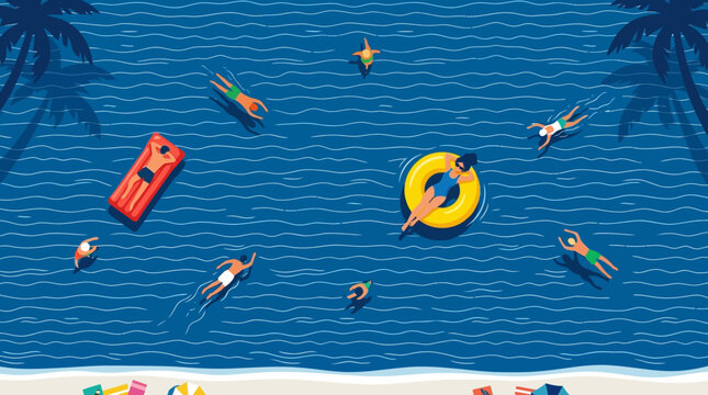 Top Down View of People Swimming and Floating in Tropical Blue Sea with Palm Shadows, Summer Vacation and Beach Holiday Minimalist Vector Illustration Concept for Leisure and Travel.