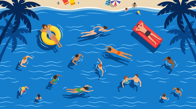 Aerial top view vector illustration of people swimming and relaxing in a blue tropical ocean beach during summer vacation with palm tree silhouettes and colorful swim gear.