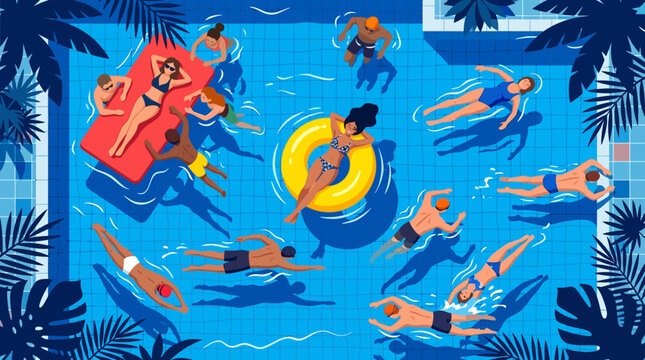 Flat vector illustration of a crowded swimming pool seen from above with people swimming, sunbathing on colorful floats, and relaxing during summer holidays surrounded by tropical palm leaves.