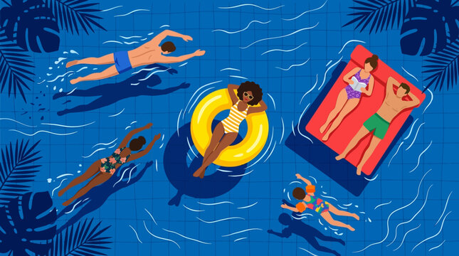 Top view illustration of diverse people enjoying a summer day in a blue swimming pool with tropical leaves, including people swimming, floating on a ring, and relaxing on a red inflatable mat.