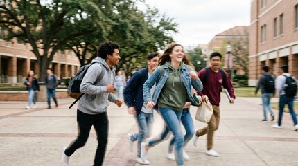 Obraz premium Diverse Group of College Students Running Together on University Campus Grounds