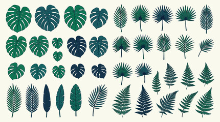 Comprehensive Set of Tropical Leaf Illustrations Featuring Monstera, Palm, and Fern Fronds in Shades of Green and Blue, Perfect for Botanical Designs and Summer Background Patterns. © Ayong