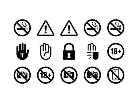 Restrictions icon design set in minimalist vector style including no entry forbidden and limitation signs for security systems access control rules and warning notification visuals