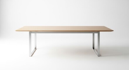 Fototapeta premium A long, rectangular wooden table with silver metal legs on a white background
