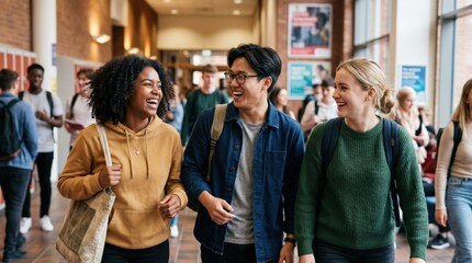 Obraz premium Diverse Group of University Students Walking and Laughing in College Hallway