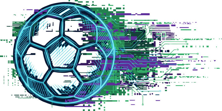 Futuristic digital soccer ball vector, high-tech glitch art football graphic, electronic circuit board sports illustration with neon blue and green