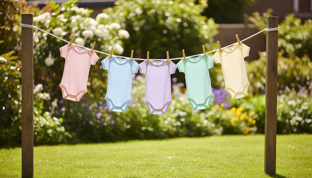 Colorful baby bodysuits drying on clothesline in garden
