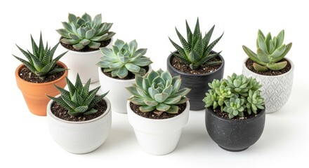 Obraz premium A collection of eight potted succulents in various colored pots on a white background