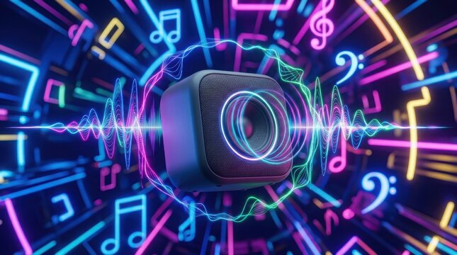 Futuristic wireless speaker with neon music notes, vibrant audio sound waves in digital tunnel, electronic dance music party background