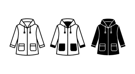 Raincoat Icons Set, Hooded Jacket Vector Graphics, Waterproof Outerwear Illustrations © VECTOR STORE