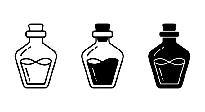 Liquid Potion Bottle Icons, Alchemy Elixir Vials, Vintage Apothecary Glassware, Black and White Vector Set