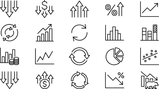 Comprehensive Business Data Analytics and Financial Market Trend Icon Set Featuring Stock Performance, Growth Charts, Loss Indicators