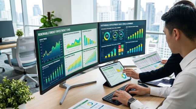 Financial analyst monitoring renewable energy investment fund performance on dual monitors, sustainable development goals alignment charts