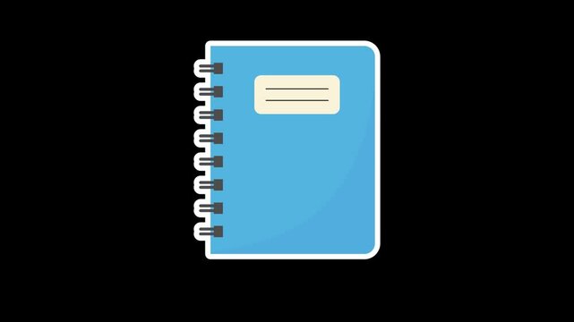 Seamless looping animation of a bouncing blue notebook with office and school stationery for back to school concepts. Flat style sticker design element isolated on transparent alpha channel