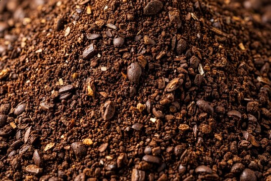 Freshly ground dark roasted coffee beans close up with caffeine beverage espresso caffeinated