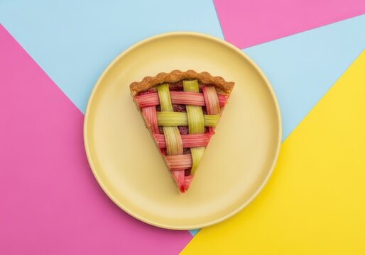 A single slice of rhubarb pie with a lattice crust presented on a yellow plate against a vibrant pastel background.