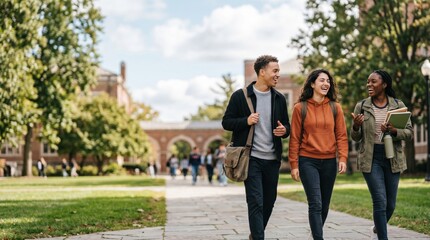 Obraz premium Diverse group of college students walking and talking on university campus grounds during autumn semester