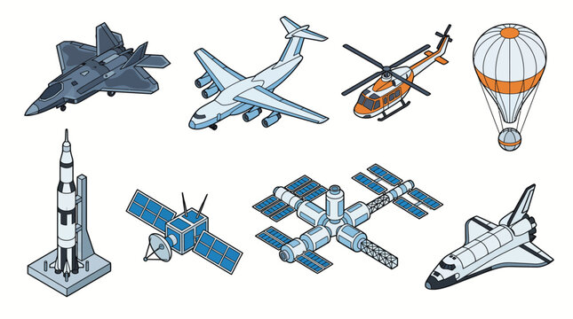 Isometric aerospace and space technology vector illustration set featuring fighter jet, cargo airplane, helicopter, rocket launch pad, satellite, space station